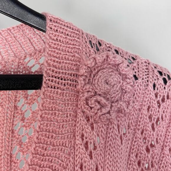 Vintage Pink Crochet Knit Cardigan Top Open Knit Coquette Y2K Cottagecore - Picture 5 of 7